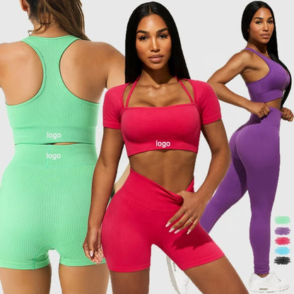 Logo Female Activewear Yoga Bra Sports Bra High Waist Seamless Legging Gym Set Cotton Atheleisure Women Seamless Fitness Sets