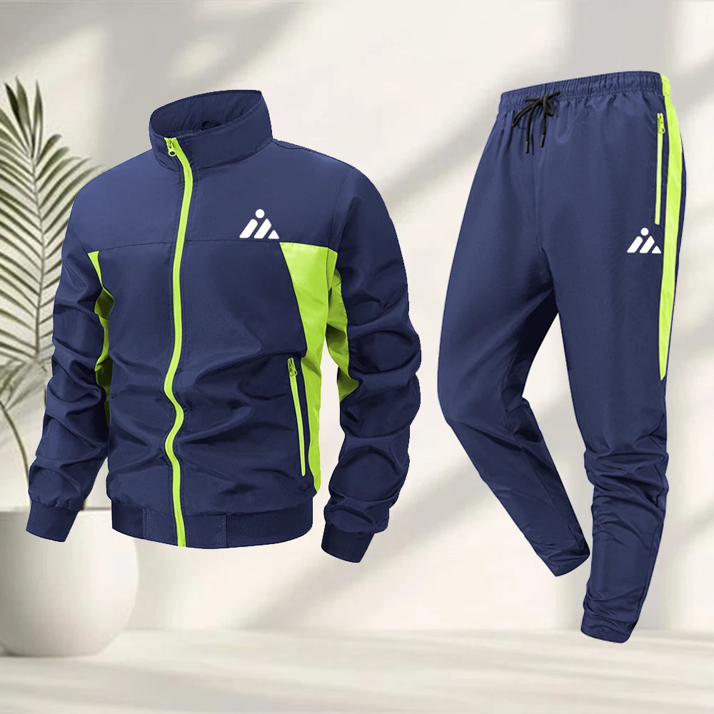 Men's Casual Sports Suit Creative Triangle Print Zipper Jacket With Trousers Summer Fitness Cycling Outdoor And Commute Suit