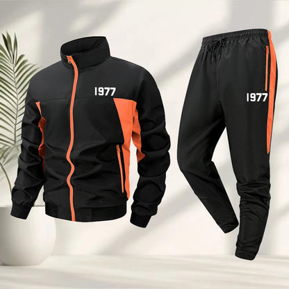 Men's 1977 Digital Print Sports Suit Zippered Stand Collar Jacket And Drawstring Pants Outdoor Fitness Running Cycling Apparel