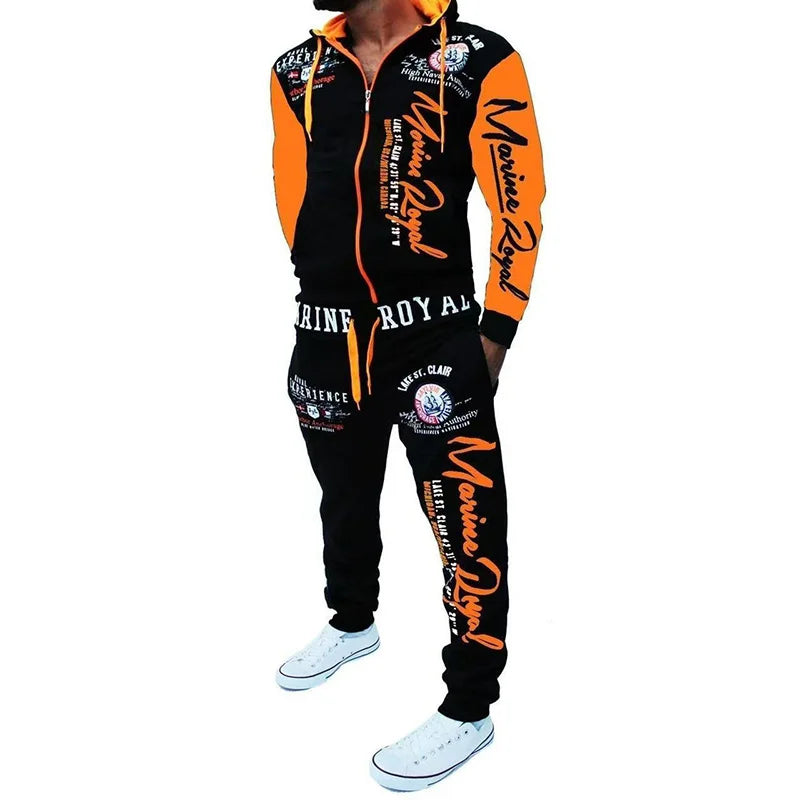 Men New Tracksuit Fashion Streetwear Casual Set Spring Autumn Printed Hip-hop Hoodie Drawstring Sweatpant Sweatshirt Suits