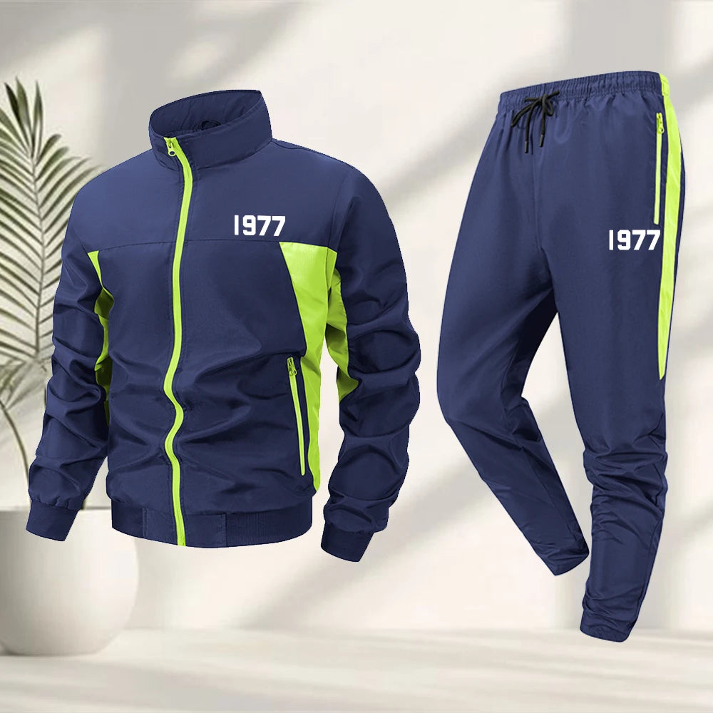 Men's 1977 Digital Print Sports Suit Zippered Stand Collar Jacket And Drawstring Pants Outdoor Fitness Running Cycling Apparel