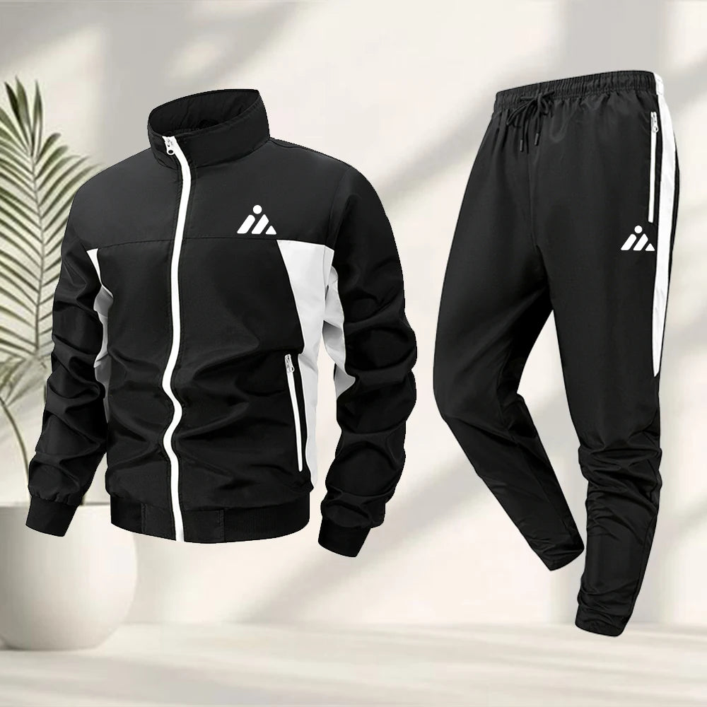 Men's Casual Sports Suit Creative Triangle Print Zipper Jacket With Trousers Summer Fitness Cycling Outdoor And Commute Suit