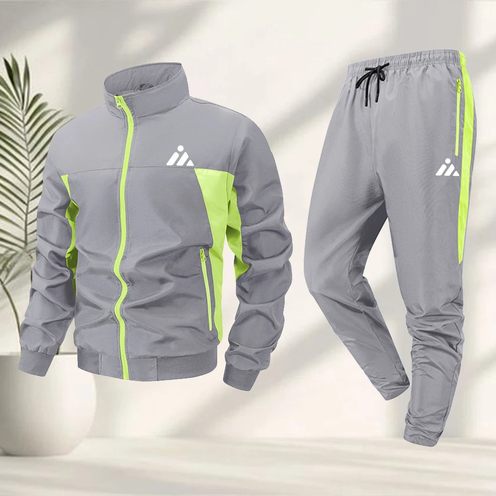 Men's Casual Sports Suit Creative Triangle Print Zipper Jacket With Trousers Summer Fitness Cycling Outdoor And Commute Suit