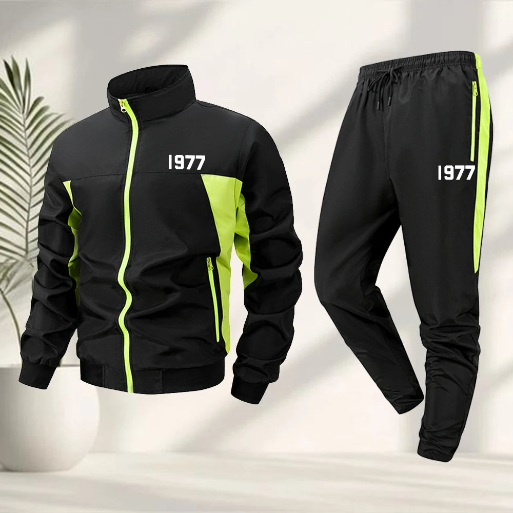 Men's 1977 Digital Print Sports Suit Zippered Stand Collar Jacket And Drawstring Pants Outdoor Fitness Running Cycling Apparel