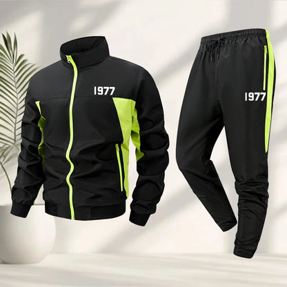 Men's 1977 Digital Print Sports Suit Zippered Stand Collar Jacket And Drawstring Pants Outdoor Fitness Running Cycling Apparel
