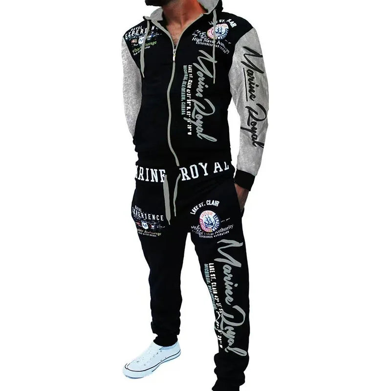 Men New Tracksuit Fashion Streetwear Casual Set Spring Autumn Printed Hip-hop Hoodie Drawstring Sweatpant Sweatshirt Suits