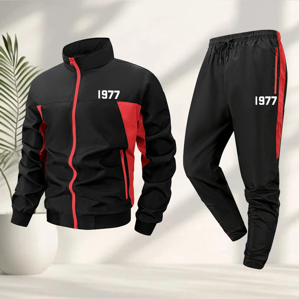 Men's 1977 Digital Print Sports Suit Zippered Stand Collar Jacket And Drawstring Pants Outdoor Fitness Running Cycling Apparel